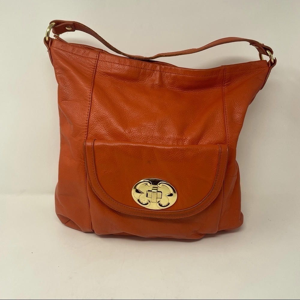 Emma Fox Leather Shoulder Bag – Orange with Blue/White Lining